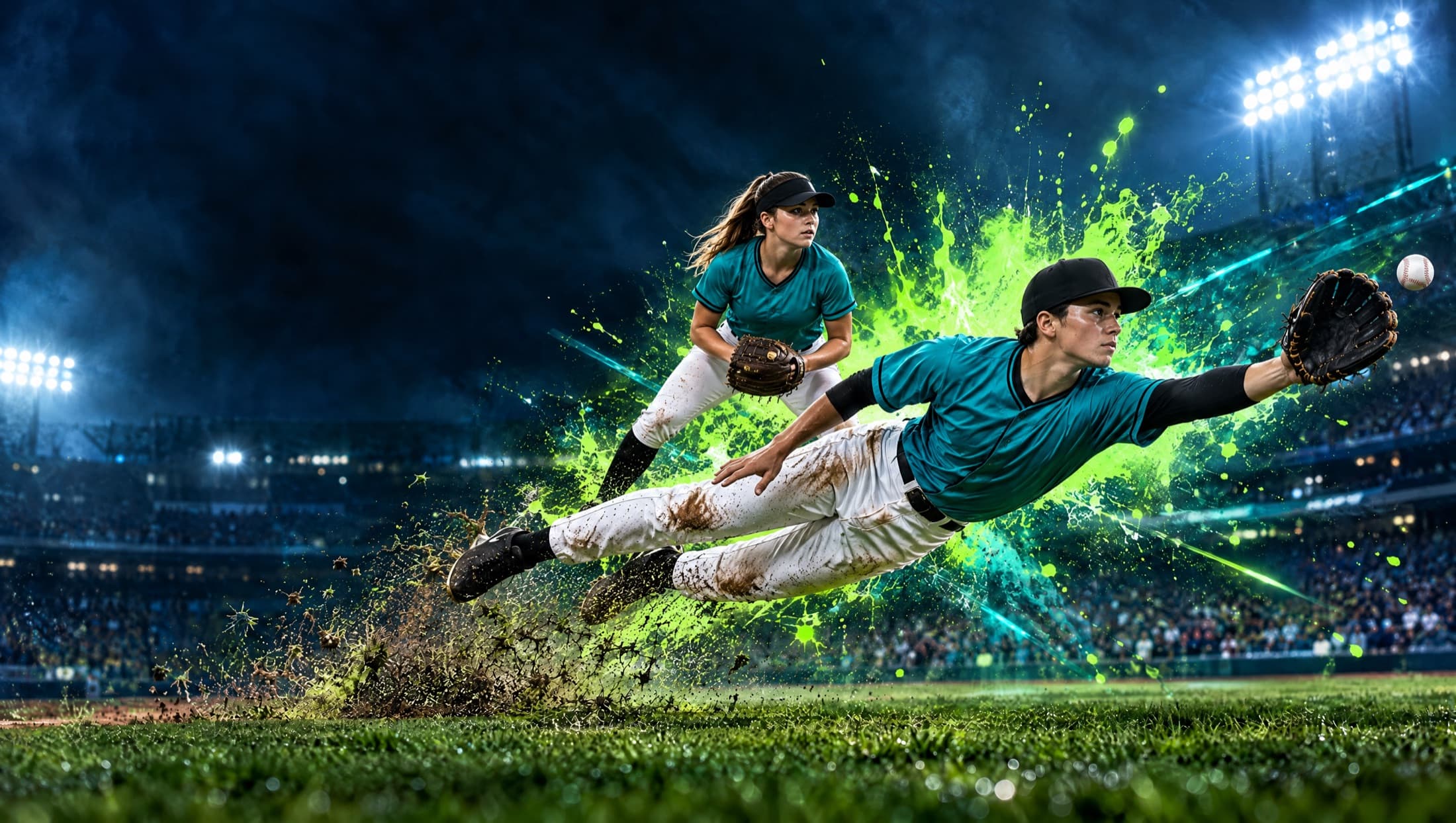 Under stadium lights, a baseball player makes a diving catch while a softball player stands ready behind him, both in teal jerseys.